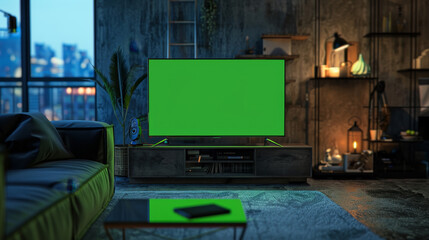 A green television is on a stand in a living room