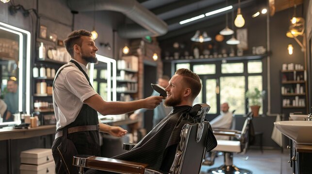 AI generated image of men's barber shop,Stylish barber shaving wiz sharp razor man's beard in a saloon.