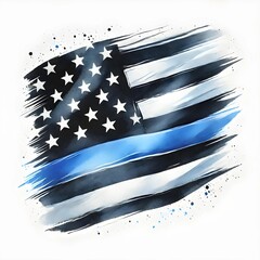 Black And White USA Flag with Blue Line. Thin Blue Line American Flag. Stars And Stripes Abstract Design. Independence Day Background. Corporate Concept American Flag. Watercolor texture. Generative A