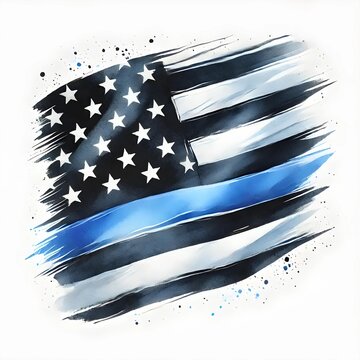 Black And White USA Flag with Blue Line. Thin Blue Line American Flag. Stars And Stripes Abstract Design. Independence Day Background. Corporate Concept American Flag. Watercolor texture. Generative A