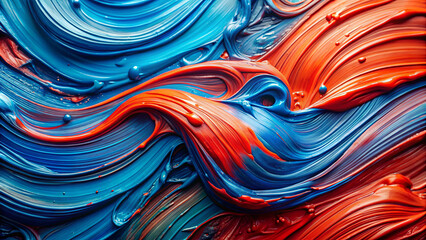 A close-up view of vibrant blue and red paint swirled together, creating an abstract, artistic pattern