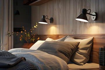 A bedroom with two wall mounted lights and a bed with two pillows