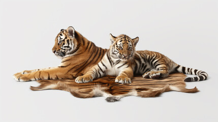 Obraz premium Adult Tiger and Cub Resting on Tiger Skin Rug