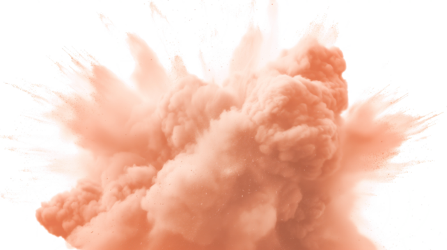 Dry Soil explosion with dirt and cloud smoke. Isolated on white background. Dirty ground abstract spread with flying particles