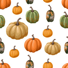 Seamless pattern with different pumpkins. Vector.