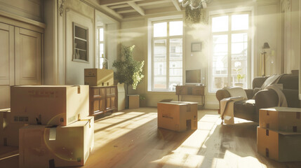 Fototapeta premium Sunlight spills into a spacious room filled with packed moving boxes, suggesting the excitement and anticipation of a new beginning or a significant life change.