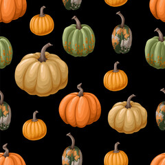 Seamless pattern with different pumpkins. Vector.