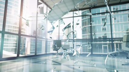 Shards of glass float in the air within a modern office, reflecting sunlight and creating an intense contrast of chaos amidst order.