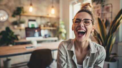 Fototapeta premium Bright and cheerful woman laughing in a home office setting, exuding joy and positivity in a well-organized, plant-filled environment.
