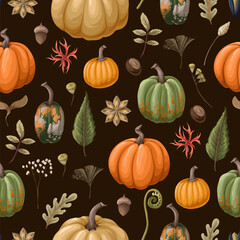 Seamless pattern with pumpkins and autumn elements. Vector.