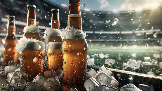 Close-up of frosty beer bottles surrounded by ice cubes in a lively stadium, evoking the essence of refreshment and sports excitement.
