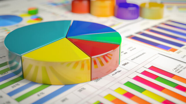 Colorful graphs and charts, including a pie chart, showing diverse, detailed data and analytics for business insights.