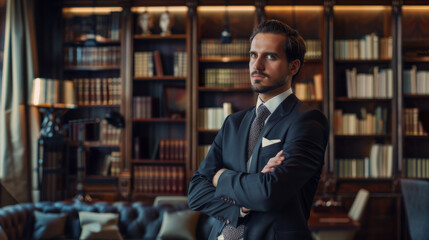 Fototapeta premium A professional man in a dark suit stands confidently with arms crossed in an elegant library filled with classic books.