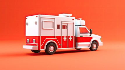 A 3D rendering of a red and white ambulance on a red background. The ambulance has a cross on the side and a siren on the roof.