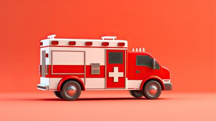 A 3D rendering of a red and white ambulance on a red background. The ambulance has a cross on the side and a siren on the roof.