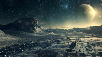 Fototapeta premium An expansive, alien landscape bathed in moonlight, with distant hills under a starry sky, evoking a sense of otherworldly exploration.