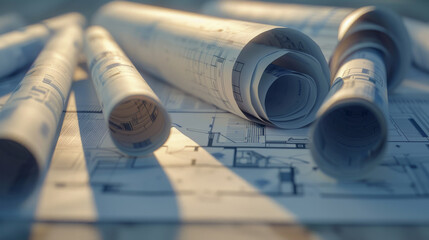 Stacks of architectural plans and blueprints orderly placed on a workspace, highlighting a structured approach to design and planning.