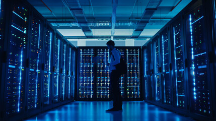 A single IT professional stands in the middle of a blue-lit server room, examining the servers.