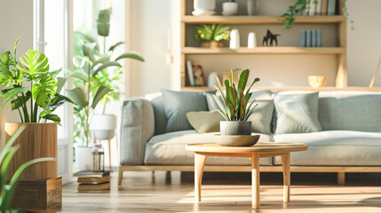 A sunlit cozy living room with a light blue couch adorned with cushions, a wooden coffee table with potted green plants, and sleek, organized shelves in the background.