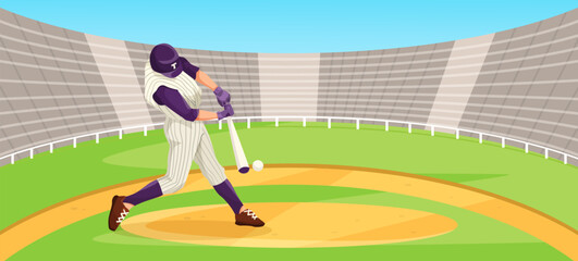 Baseball player hitting ball in stadium, vector illustration, on bright background. Sports action concept. Vector illustration