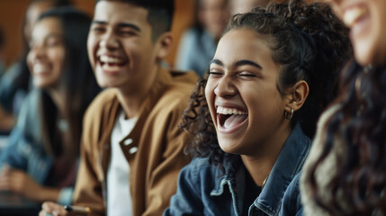 Fototapeta premium Teenagers laughing and bonding in a classroom environment, showcasing lively and joyful expressions.