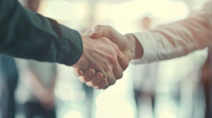 Fototapeta premium Trust and Collaboration Business Executives Shaking Hands in Modern Office Setting with Supportive Team in Background High Resolution Image of Successful Negotiations and Partnership