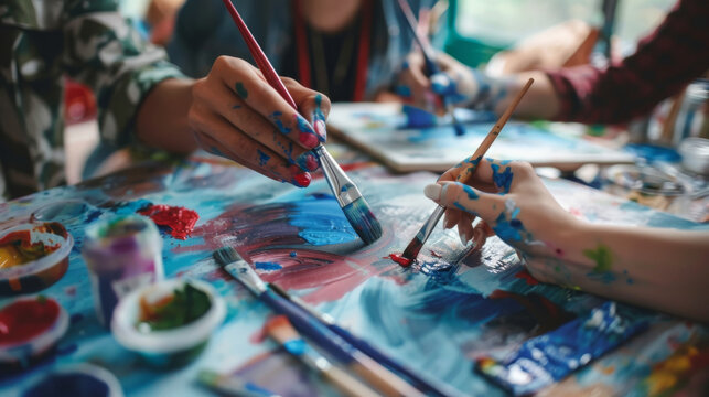 Hands of various artists bring a colorful canvas to life with bold strokes and vibrant paint splashes at an art workshop.