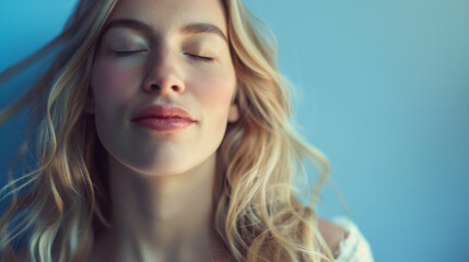 Naklejka premium A blonde woman with closed eyes, basking in gentle sunlight, exudes peace and contentment against a soft blue background.
