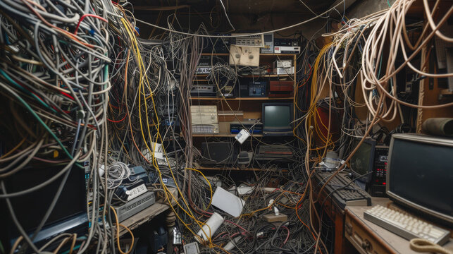 A cluttered room filled with outdated computer equipment and cables, representing the chaotic evolution of technology over time.