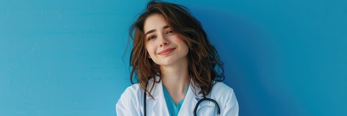 banner, portrait of a young African American woman doctor in a white coat, smiling brunette doctor, blue background, poster, copy space, free space for text