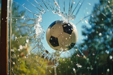 A soccer ball breaks the street glass.