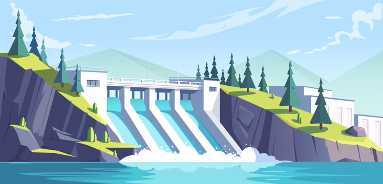 Hydroelectric dam with flowing water, modern vector illustration style, mountainous background, renewable energy concept. Vector illustration