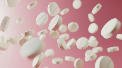 White tablets floating mid-air against a gradient pink background, providing a view of the dynamic and essential world of pharmaceuticals.