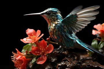 Fototapeta premium Iridescent hummingbird dancing next to a vibrant flower., generative IA