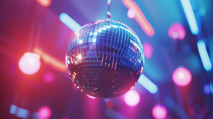 Obraz premium A shiny disco ball reflecting vibrant pink and blue lights, creating a lively and energetic atmosphere perfect for a vibrant night out.