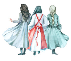 Watercolor women in traditional winter clothes clipart. People celebrating Christmas in a vintage rustic costume illustration.