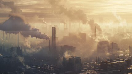 A city enveloped in thick smog and pollution, illuminated by a muted golden sunrise.