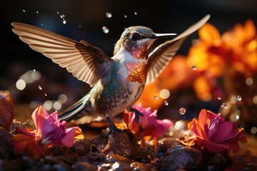 Obraz premium Vibrant hummingbird amid colorful flowers., generative IA