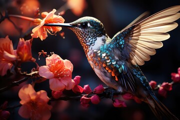 Obraz premium Vibrant hummingbird between colored flowers., generative IA