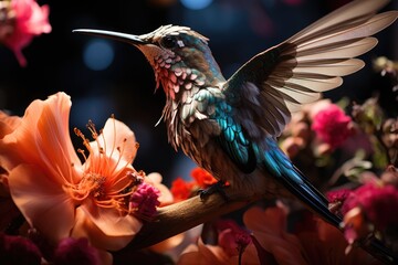 Fototapeta premium Vibrant hummingbird between colored flowers., generative IA