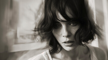 Young woman with freckles posing indoors with natural light