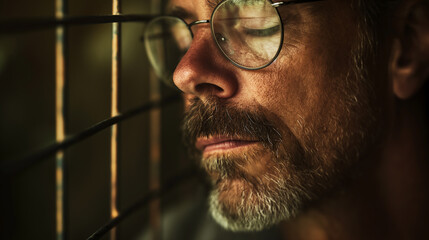 Worried senior man looking through metal bars
