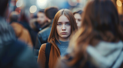 Solemn young woman stands still amidst a busy crowd, capturing a moment of introspection and solitude in a bustling urban atmosphere.