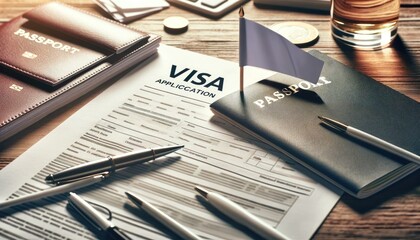 A visa application form on a desk, surrounded by passports and pens, ready to be filled out. Mockup white flag