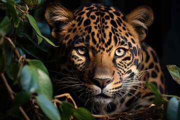 Majestic jaguar rests on the lush jungle, mesmerizing eyes., generative IA