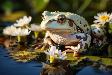 Green frog frog in Florido Jardim on the edge of the serene lake., generative IA