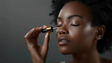 Obraz premium A person delicately applying makeup with a dropper, exuding elegance and care in a poised and serene setting, highlighting beauty and self-care.