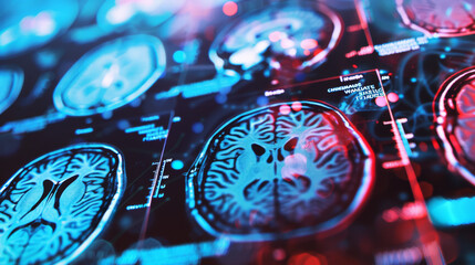 A series of brain scans displayed with a blue and red overlay, showcasing intricate neural details in a medical and technological context.