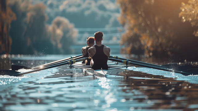 Two people rowing in scenic nature landscape. Rowing boat on calm river at sunset (blurred image)