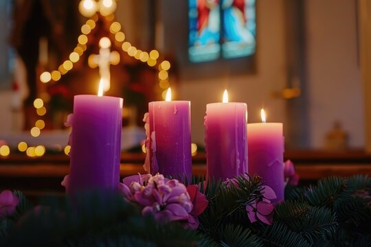 Advent Candles In Church   Three Purple And One Pink As A Catholic Symbol